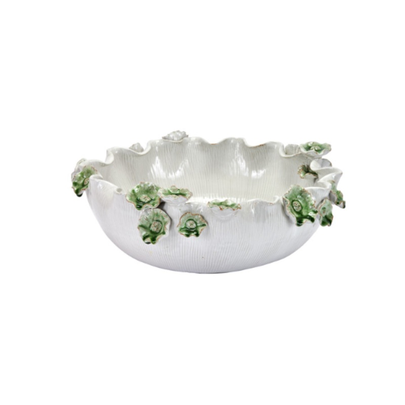 15″ Original Handmade Ceramic White Bowl With Green Flowers